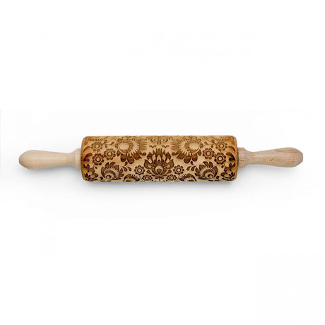 The Rolling Pin: Folk Pattern Embossing Rolling Pin Flowers features intricate floral designs with two wooden handles against a plain white background, creating a stunning piece.