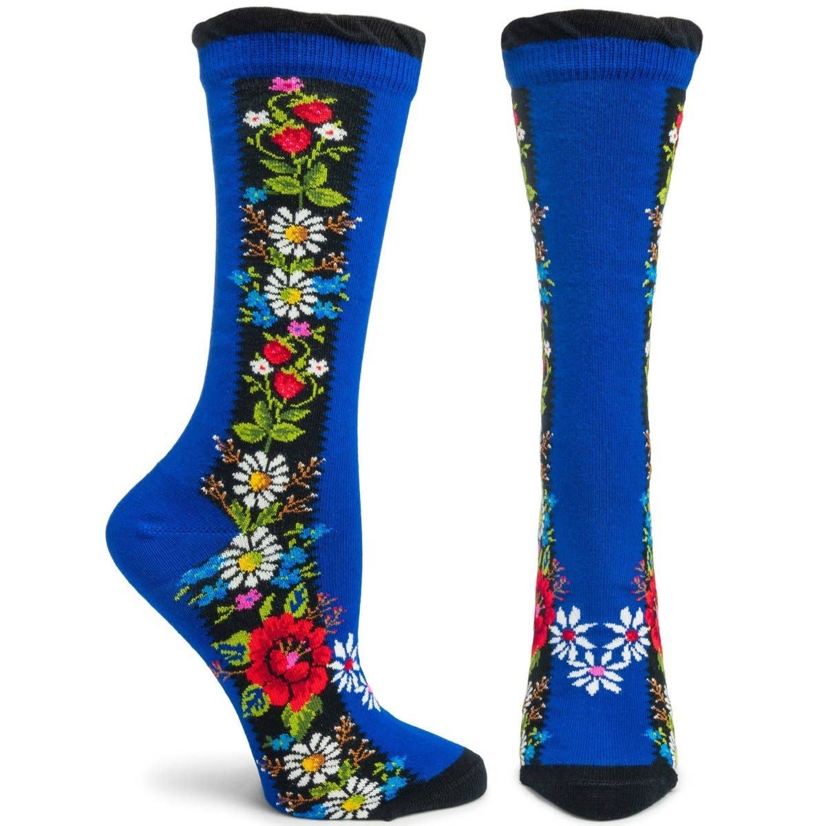 These trendy Ozone Women's Folklore Socks in navy feature a vivid blue color adorned with colorful floral designs showcasing red, white, and yellow flowers. Accented with black at the top and toe, these socks are crafted from soft cotton fiber, making them a lively enhancement to any wardrobe.