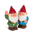 Add whimsy to your table with the Shakers: Garden Gnomes - Salt & Pepper Shakers, featuring two ceramic figurines in red hats and colorful outfits—one raising its hand—perfect for kitchen or dining decor.