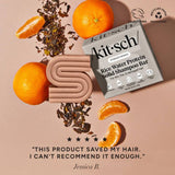 The Kitsch Hair: Rice Water Shampoo & Conditioner Bar Combo for Hair Growth (2 x 2.7oz) is shown with orange slices and tea leaves on a beige background, alongside customer feedback on hair growth and eco-friendly symbols.