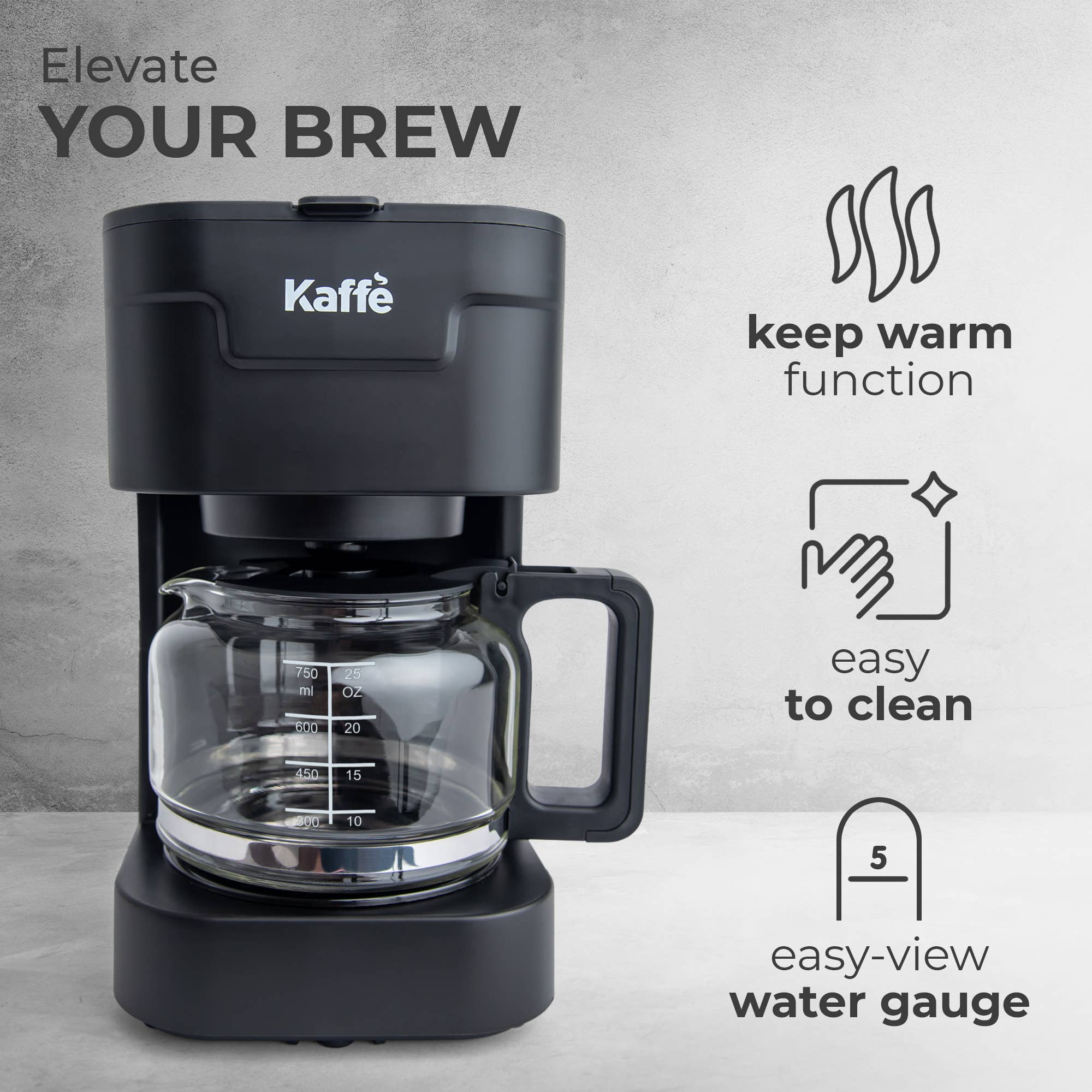 The Coffee Maker: Kaffe 5-Cup Coffee Maker w/ Scoop - Black features a glass carafe, reusable filter basket, keep warm function, easy-to-clean design, and an easy-view water gauge.