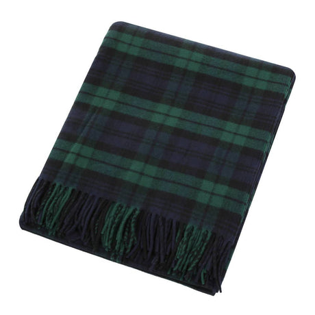 A folded Blanket: Black Watch Highland "Tartan" Plaid Wool Blanket (69"x62") featuring a green and black checkered pattern with fringed edges.