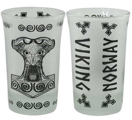 Set of two frosted 1.5 oz shot glasses: one features a stylized Thor's Hammer, the other displays "VIKING" and "NORWAY" in black with Scandinavian mythology-inspired designs.
