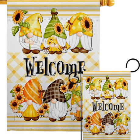 The Spring Gnomes Garden Floral Gnome Decor Flag features cartoon gnomes in yellow hats, sunflowers, and Welcome on a yellow plaid background—ideal weather-resistant decor for your outdoor space.
