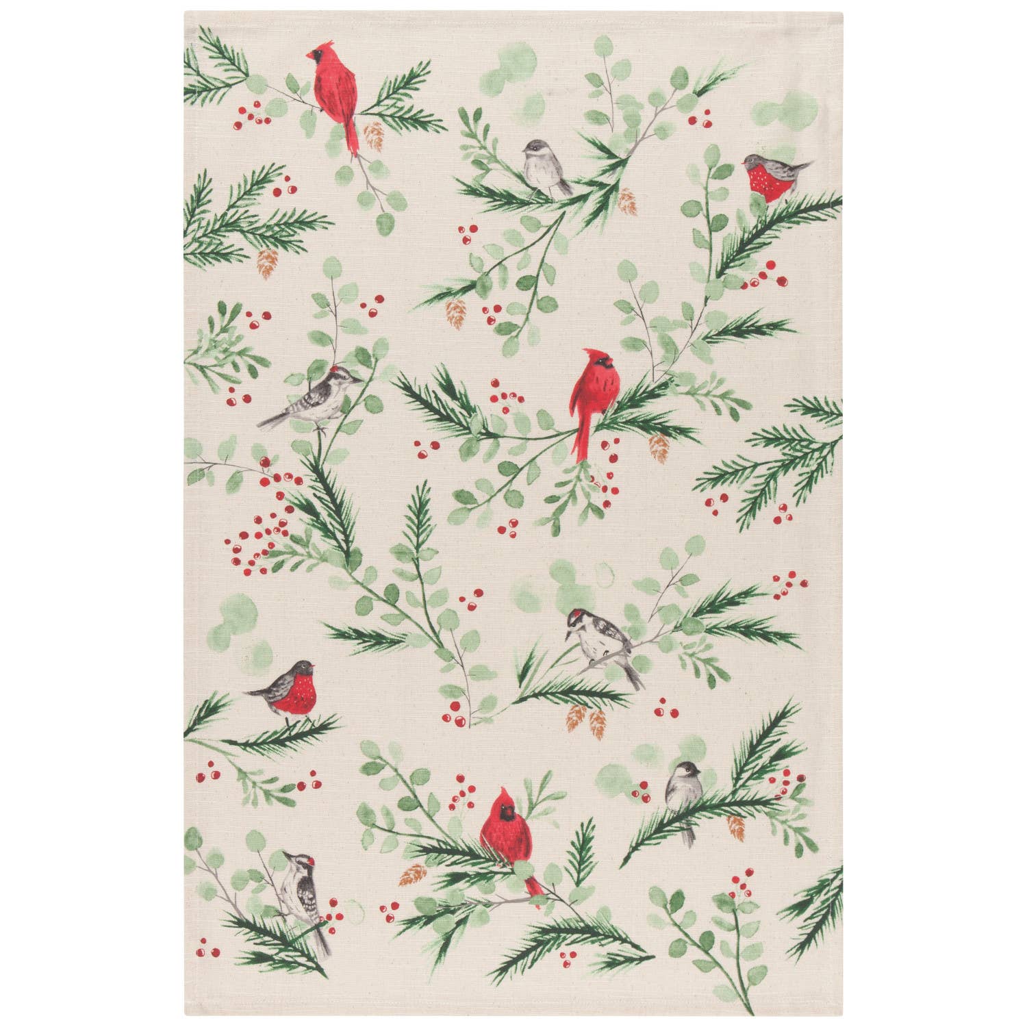 The Forest Birds Christmas Dishtowel features a charming country-style illustration of red cardinals and gray forest birds perched on lush green pine branches adorned with vibrant red berries, all highlighted against a pristine white background.