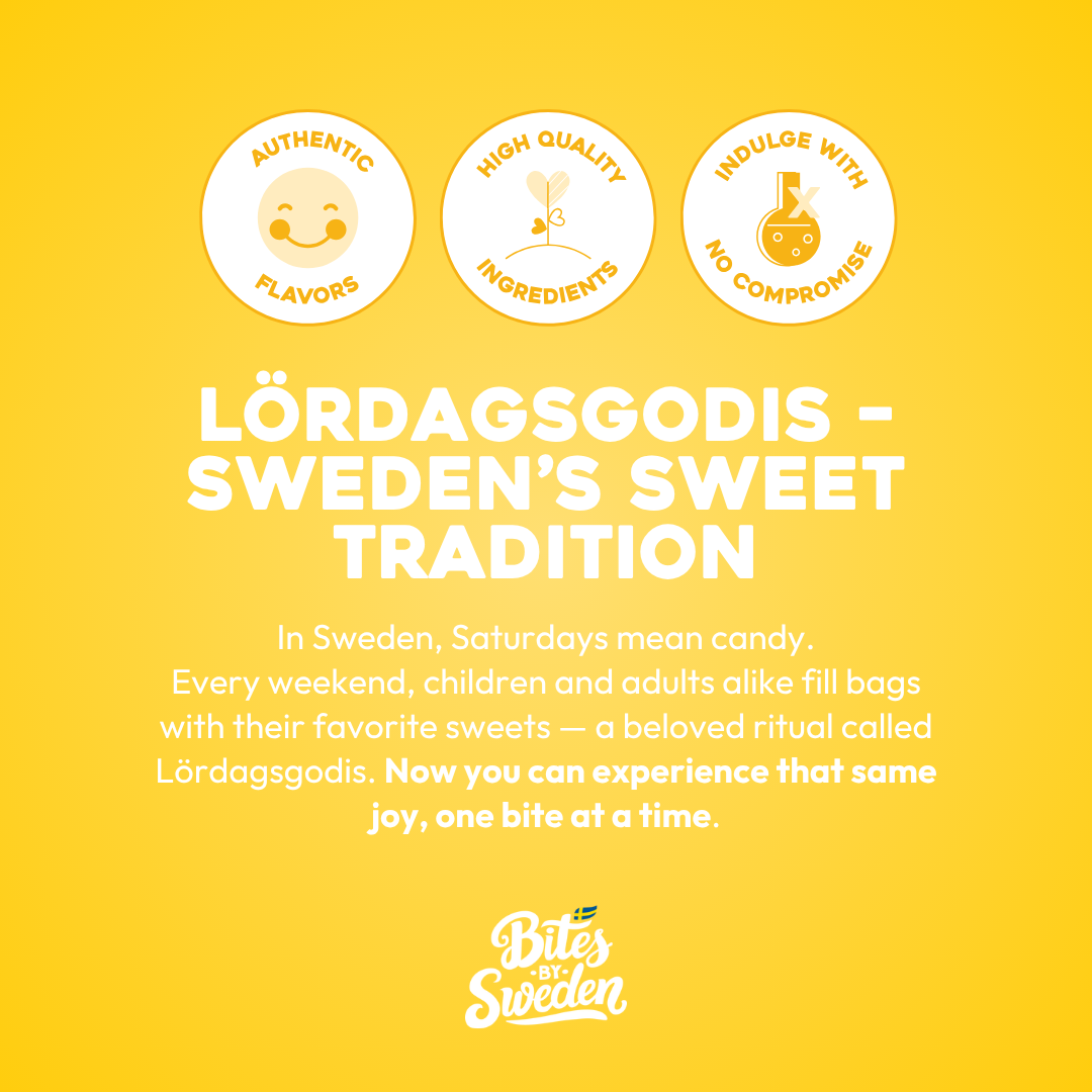 Yellow background with text about Lördagsgodis, Sweden’s Saturday candy tradition, alongside icons for non-GMO, quality, and indulgence, plus Swedish candy illustrations.