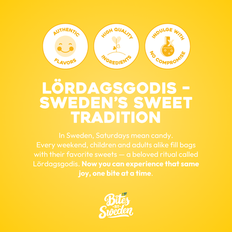 Yellow background with text about Lördagsgodis, Sweden’s Saturday candy tradition, alongside icons for non-GMO, quality, and indulgence, plus Swedish candy illustrations.