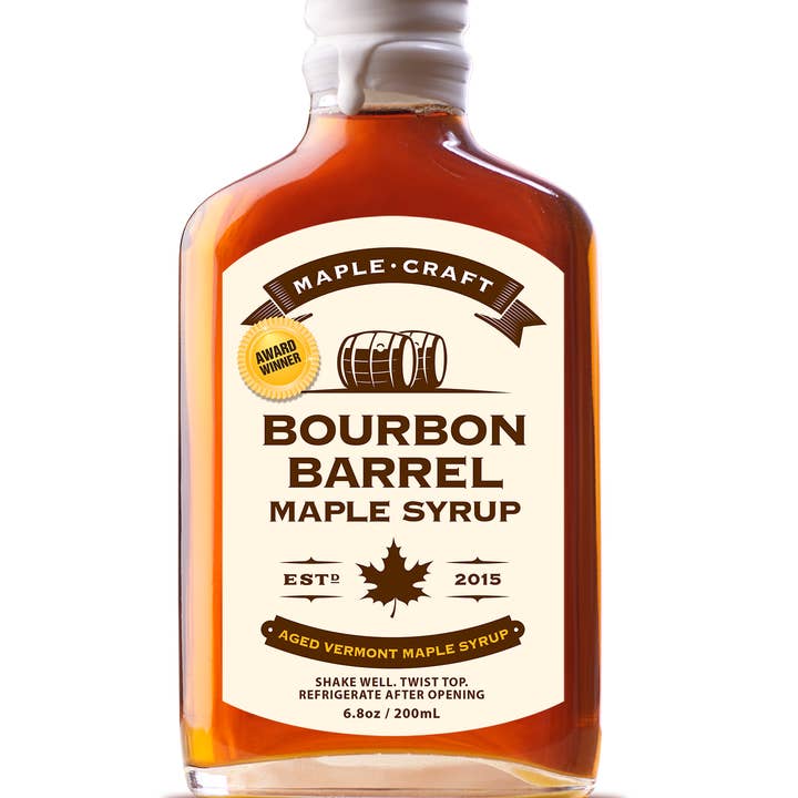 The Summer Favorites Maple Syrup: Bourbon Barrel, established in 2015 and labeled an Award Winner, is a twist-top organic Vermont product. Perfect for dessert drizzling, it contains aged Vermont maple syrup and comes in a 6.8 oz (200 ml) bottle.