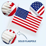 The USA United States Mini Flag – Handheld American Flag (5x8) is displayed on a sturdy white plastic pole, with close-ups showing its fade-resistant colors—perfect for patriotic events.