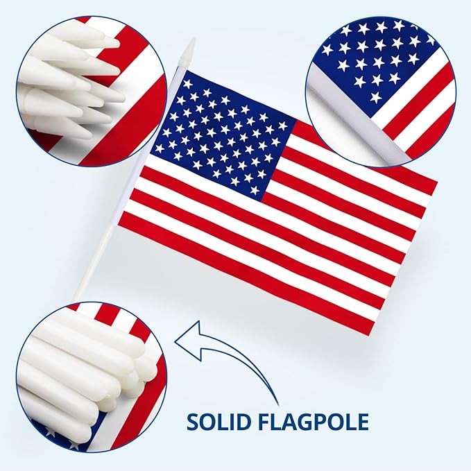 The USA United States Mini Flag – Handheld American Flag (5x8) is displayed on a sturdy white plastic pole, with close-ups showing its fade-resistant colors—perfect for patriotic events.