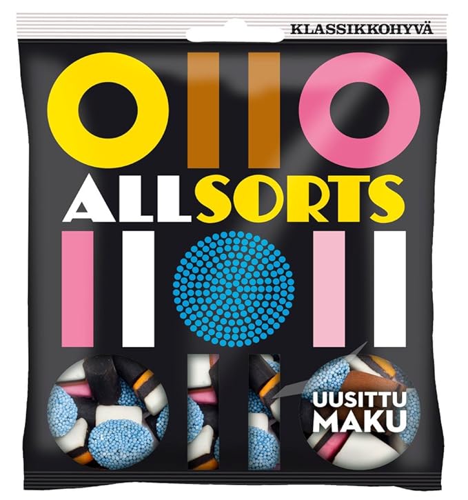 A 400g (14.1 oz) bag of Malaco Allsorts by Cloetta Licorice Mix, with colorful geometric packaging and assorted licorice candies visible inside, features Finnish text on the label.