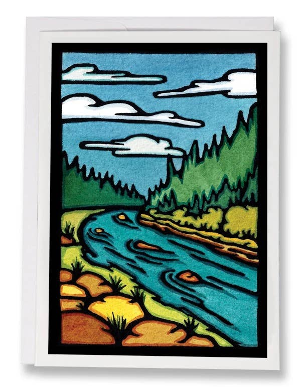 This artful greeting card, titled "The River" by Sarah Angst, depicts a picturesque scene of a winding river bordered by rocky edges and lush grassy banks, framed by towering pine trees beneath a cloud-laden sky. This design beautifully encapsulates the essence of nature's allure.