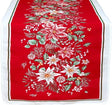 Red jacquard-woven table runner with white, red, and green poinsettias and foliage; white and green border. Christmas-themed pattern.
