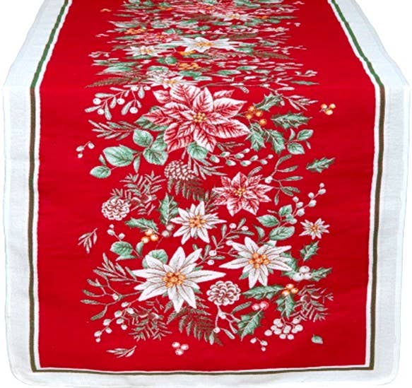 Red jacquard-woven table runner with white, red, and green poinsettias and foliage; white and green border. Christmas-themed pattern.