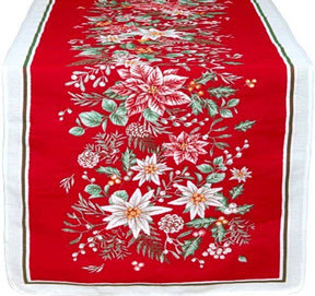 Red jacquard-woven table runner with white, red, and green poinsettias and foliage; white and green border. Christmas-themed pattern.