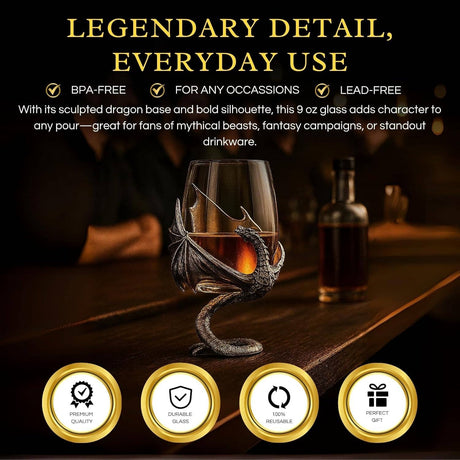 A Wine Glass: Medieval Dragon Viking Goblet Mug (9oz) with a sculpted dragon base sits on a table, bottles and a person visible behind. Text emphasizes this fantasy-inspired drinkware’s unique style and versatile uses.