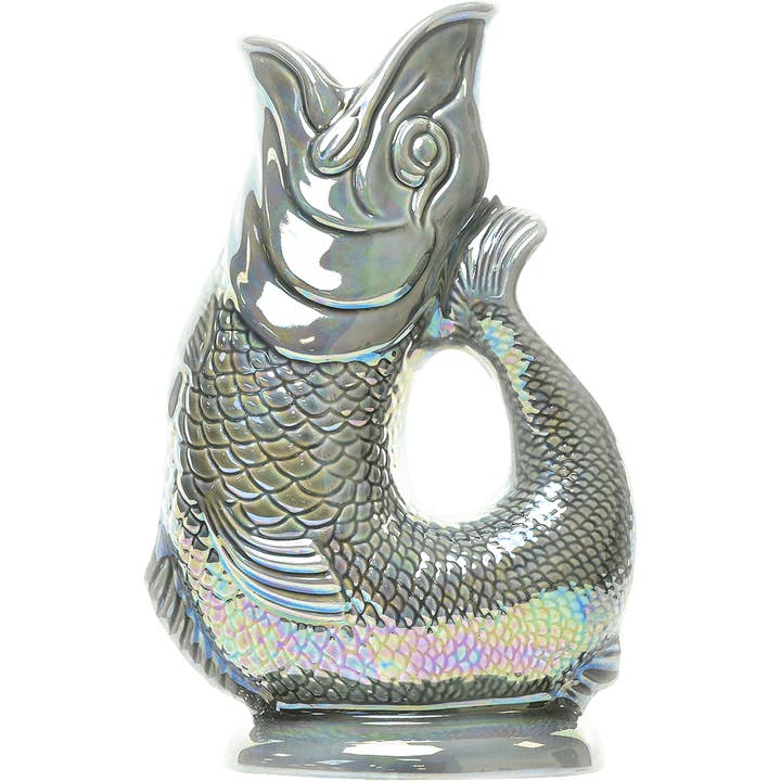 The Gluggle Jug: Gluggle Jug Lustre by Faire - The Original Gluggle Jug Factory is a fish-shaped European ceramic pitcher, famous for its iridescent finish and signature gurgling sound when poured.