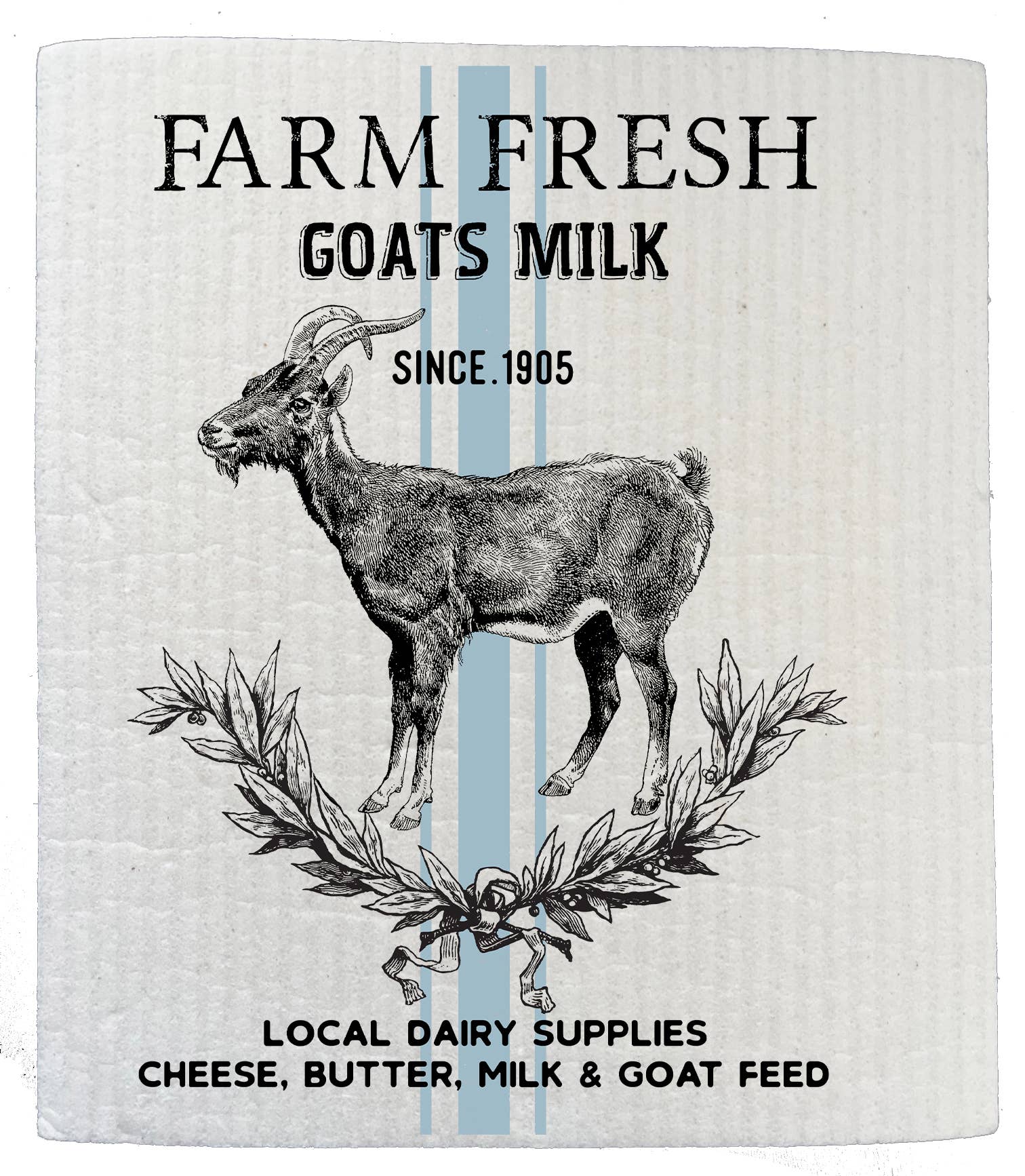 The design for the Dish Cloth: Vintage Farm Fresh Goats Milk Kitchen SWEDISH DISH CLOTH features an illustrated goat alongside text promoting local dairy products such as cheese, butter, milk, and goat feed. Established in 1905, this environmentally friendly product represents a sustainable option for eco-conscious consumers.