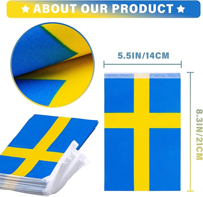 The Flag: Swedish Pennant Flag Banner features 30 small Swedish flags (5.5x8.3) on a 33 string, with a blue background and yellow Scandinavian cross—ideal for celebrations or decorative Swedish flag displays.