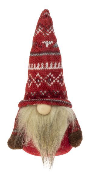 The Gnome: Red Sitting Santa with Knit Hat features a long white beard, round nose, and a tall red knit hat with white and gray patterns—an ideal whimsical Christmas decoration.