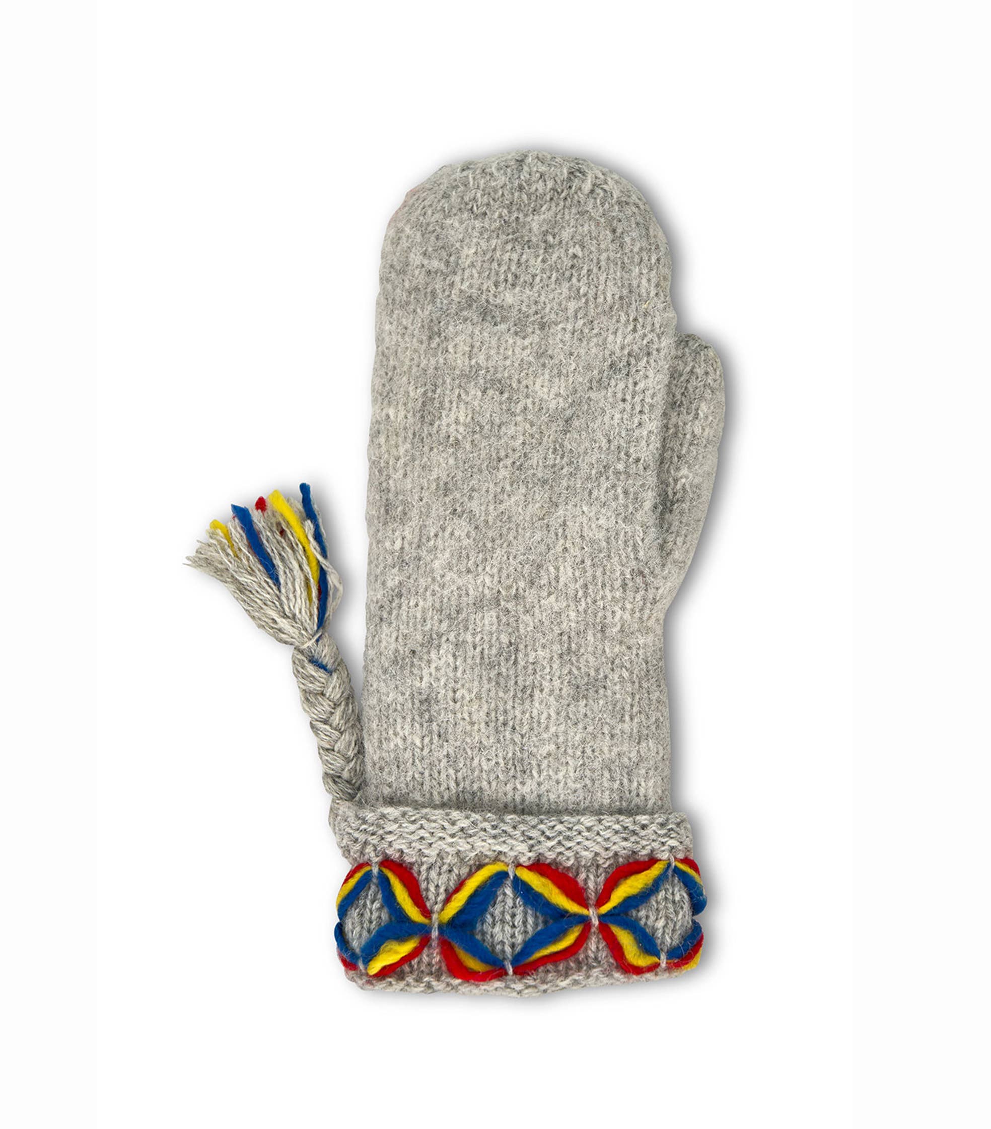 Introducing the Kangos Knitted Mittens for Women in Light Grey (Size M), expertly crafted from Shetland wool. These mittens feature a vibrant braided tassel and showcase a decorative band at the cuff adorned with Nordic patterns in blue, red, and yellow.