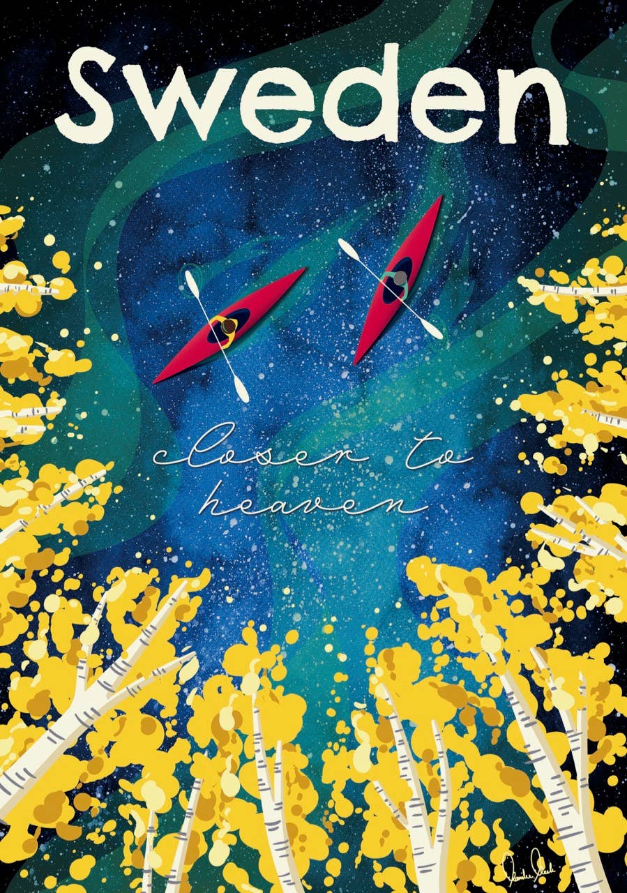 Illustrated Swedish travel postcard titled "Closer to Heaven - Come to Sweden," featuring two kayakers under a starry night, surrounded by colorful trees, capturing the essence of kayaking in Sweden. The postcard measures 7.25 x 4.65 inches.