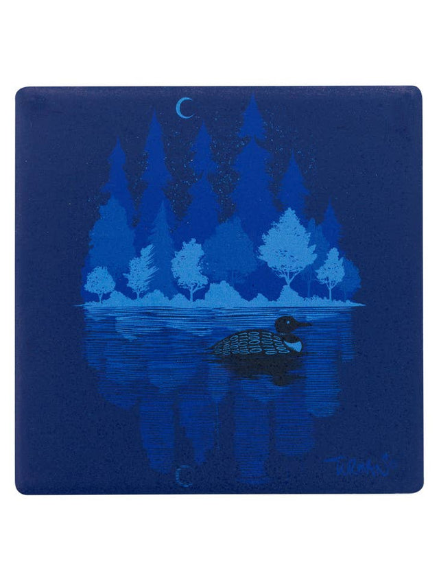 The Midnight Loon Coaster by Adam Turman features Minnesota’s state bird—a loon gliding across a lake with tree reflections—on a square blue design.
