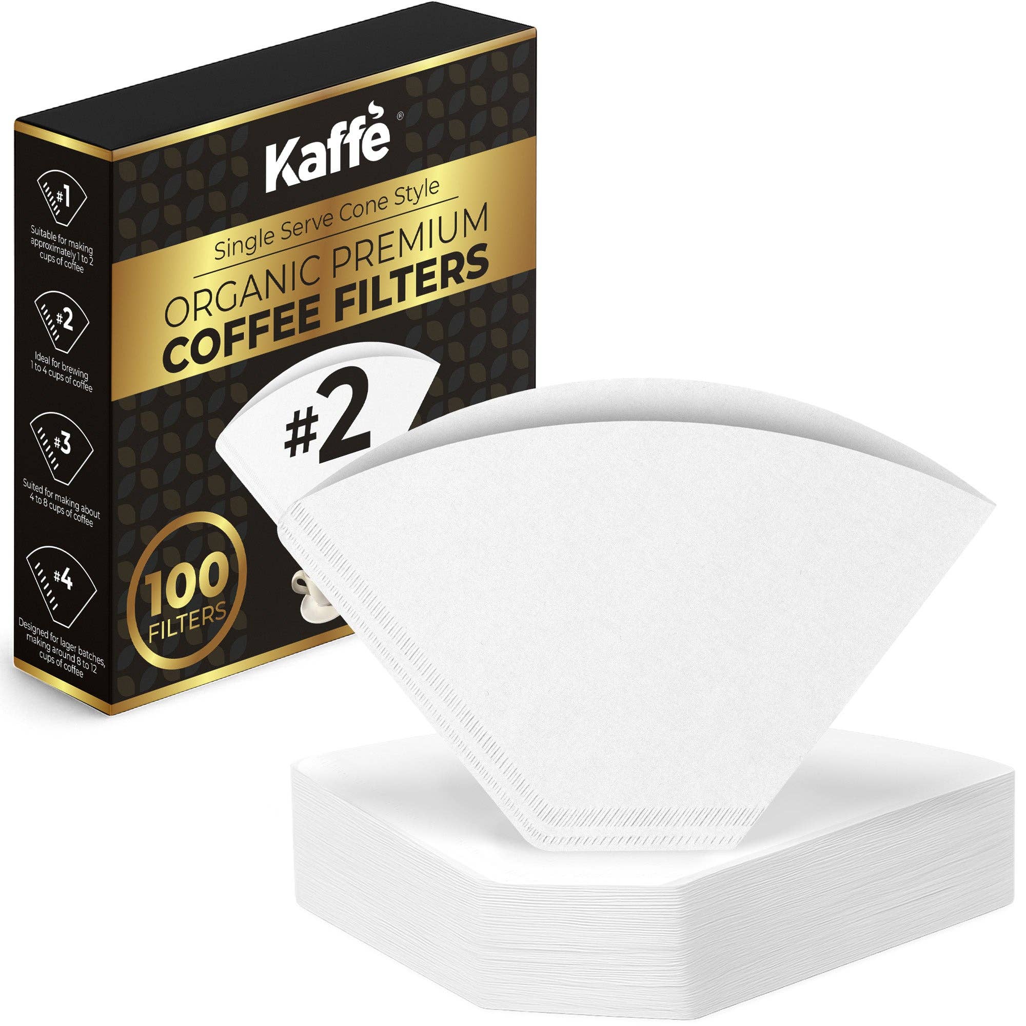 A box labeled "Coffee Filters: Organic Premium Coffee Filters #2" is behind a stack of white cone filters; these organic filters fit most 4–6 cup makers, and each box contains 100 filters.