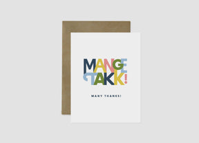 The "Mange Takk" Many Thanks in Norwegian Greeting Card (4.25" x 5.5") features colorful, overlapping text and "MANY THANKS!" below. Comes with a brown envelope; eco-friendly and blank inside for your message.