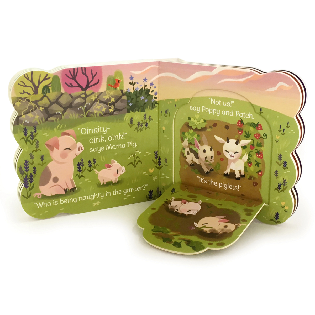 The Babies on the Farm Lift-a-Flap Board Book features illustrated pigs in a garden with dialogues from Mama Pig, and piglets Poppy and Patch. This engaging book is ideal for toddler development, showcasing charming farm animals.