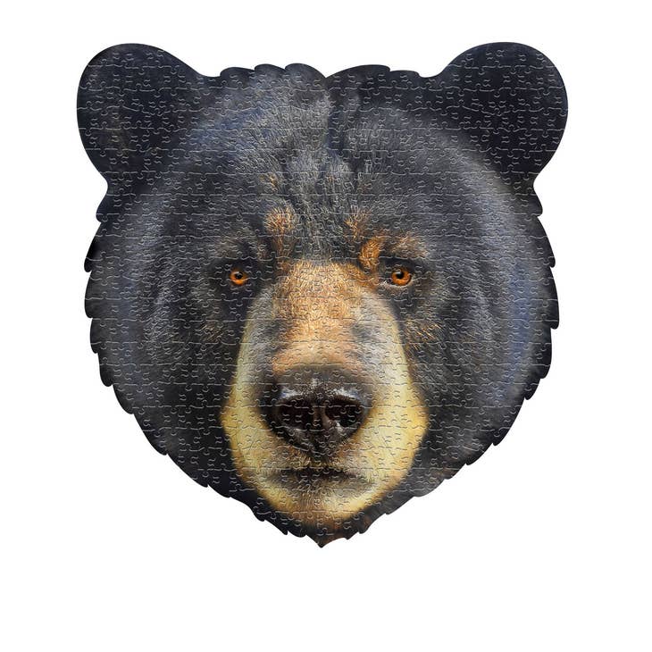 The Puzzle: I Am Bear - Shaped Jigsaw (300 Pieces) showcases a bear face-shaped design, intricately detailed with realistic fur and lifelike eyes against a white backdrop. This uniquely shaped puzzle also offers educational fun facts about bears, enhancing your puzzling experience with an informative twist.