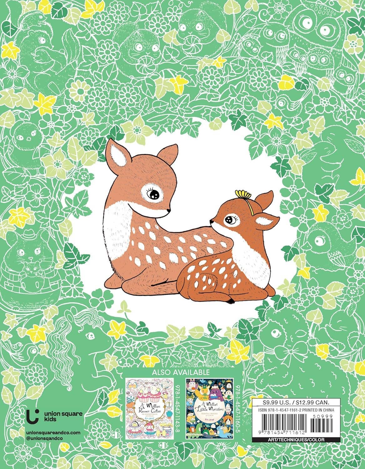 Illustration of two deer sitting together within a green, yellow, and white floral border. Perfect for Book: A Million Baby Animals Coloring Book by Lulu Mayo. Book title and pricing info shown below.