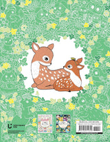 Illustration of two deer sitting together within a green, yellow, and white floral border. Perfect for Book: A Million Baby Animals Coloring Book by Lulu Mayo. Book title and pricing info shown below.