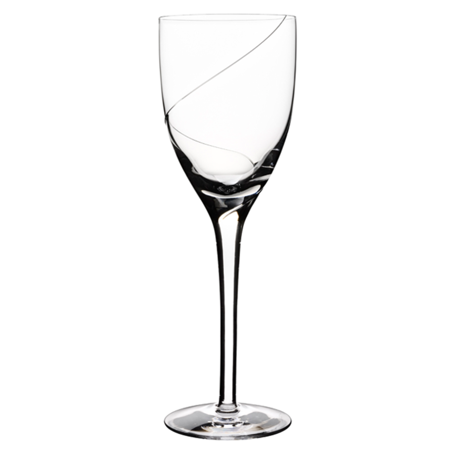 The KostaBoda: Line Wine Glass features a distinctive diagonal line from rim to bowl, highlighting the elegance and craftsmanship of Swedish glassware.