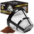 A reusable Kaffe Universal Permanent Coffee Filter with a black frame and stainless steel mesh sits beside ground coffee and its packaging—ideal for 5-cup coffee makers.