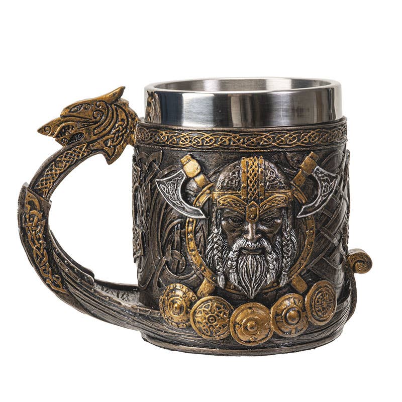 A decorative Coffee Mug: Viking Ship Mug with Dragon Head, featuring Viking motifs like Thor's Hammer, shields, and a striking dragon head handle.