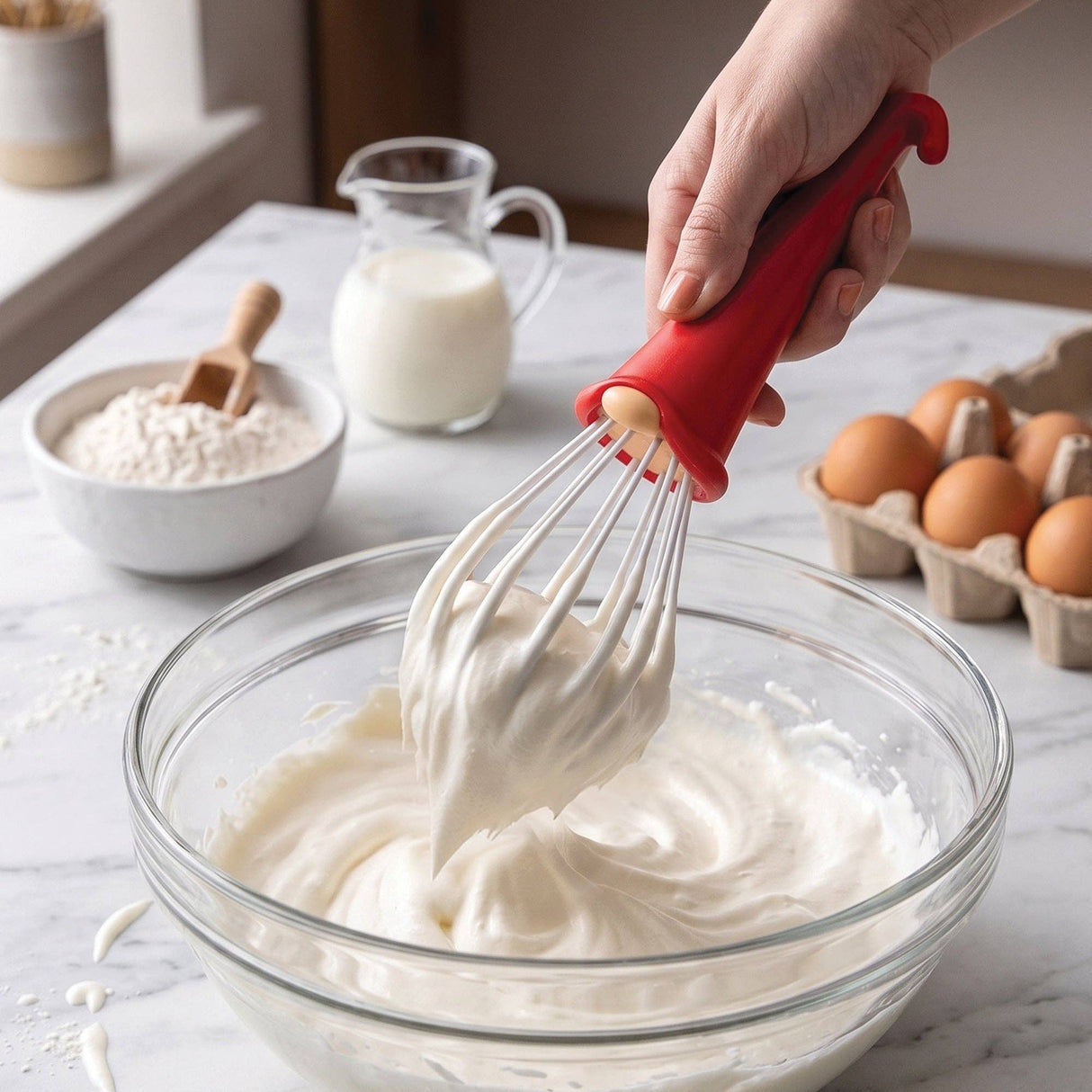 A hand holds the OTOTO Whisk: Gnome Wire Whisk—whose cheerful red gnome design is ready to spin through your bowl with a hop and a skip—above a glass bowl of whipped cream. Nearby, eggs, a jug of milk, and a bowl of flour sit on a marble countertop, creating an inviting scene for any kitchen helper or as the perfect giftable baking tool.