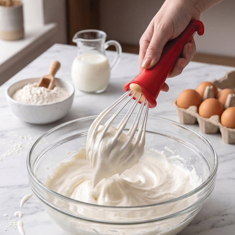 A hand holds the OTOTO Whisk: Gnome Wire Whisk—whose cheerful red gnome design is ready to spin through your bowl with a hop and a skip—above a glass bowl of whipped cream. Nearby, eggs, a jug of milk, and a bowl of flour sit on a marble countertop, creating an inviting scene for any kitchen helper or as the perfect giftable baking tool.