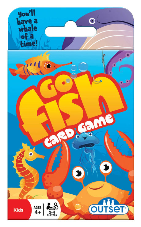 Game: Go Fish Card Game comes in a colorful box with cartoon sea animals—a crab, jellyfish, fish, and whale. For ages 4+, 2-4 players. Enjoy underwater fun with this family card game!.