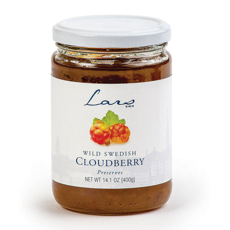 A 14.1 oz jar of Lars Own Wild Swedish Cloudberry Preserves with a white lid and a label featuring wild cloudberries.