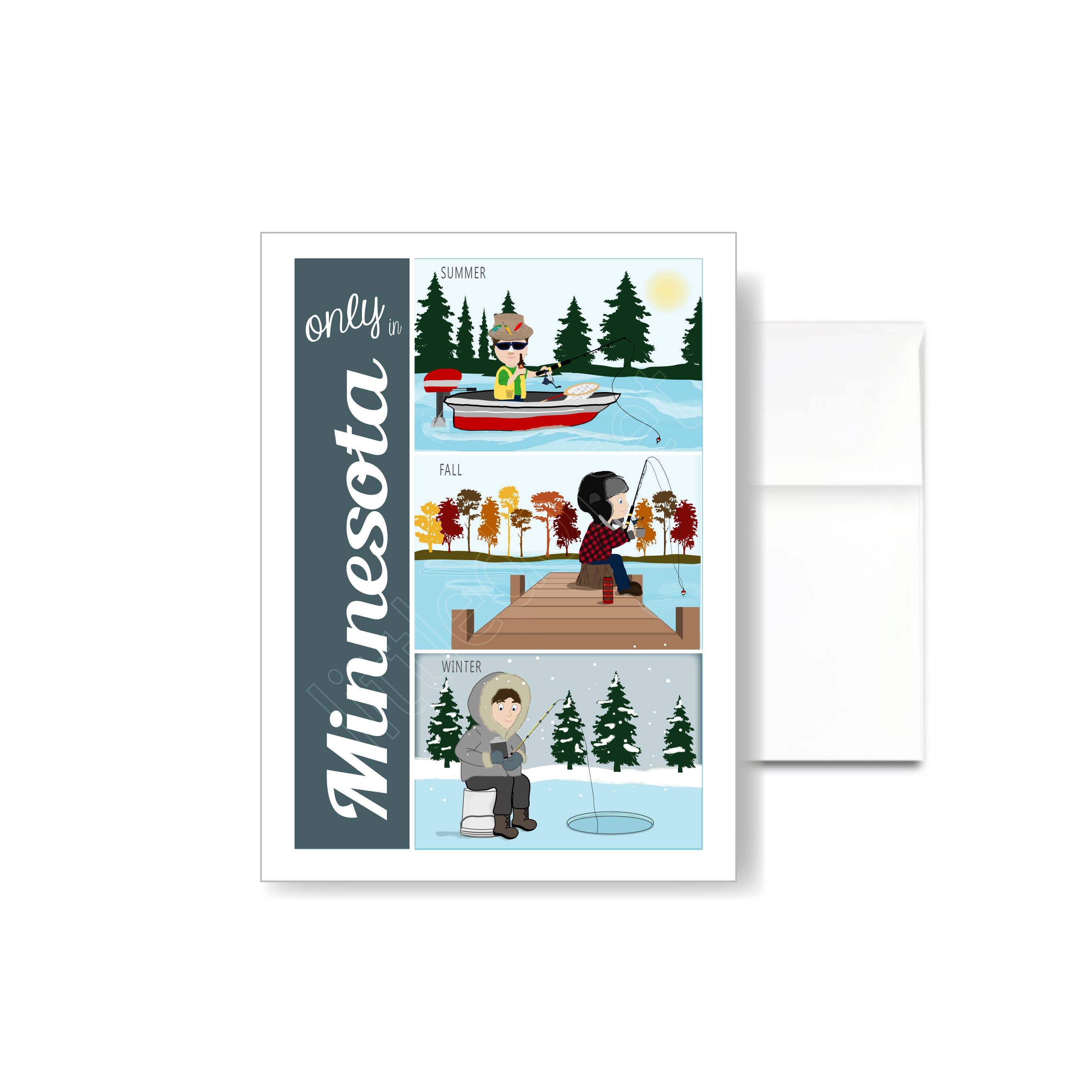 The Minnesota Fishing Seasons Card beautifully depicts the state's distinct seasons, featuring summer boating on a lake, fall fishing from a dock, and winter ice fishing. It is printed on linen-textured card stock and fits perfectly inside a matching A2 envelope, making it an ideal choice for a blank card.