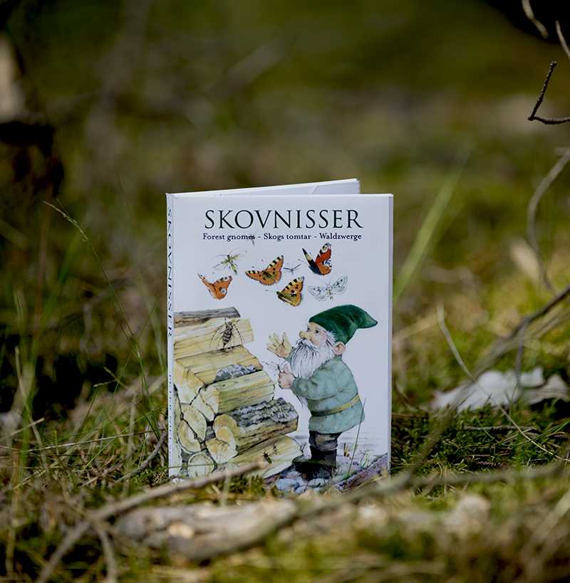 A pack of cards titled "Card Pack: Forrest Gnomes - Skovnisser" stands upright in a forest setting, each card featuring a whimsical illustration of a gnome with butterflies that captures the enchanting charm reminiscent of the original book cover.