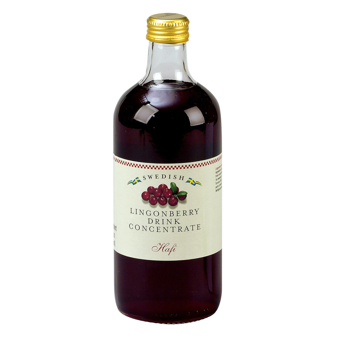 A 500ml bottle of Hafi Lingonberry Drink Concentrate, featuring a yellow cap and a label showcasing ripe lingonberries.