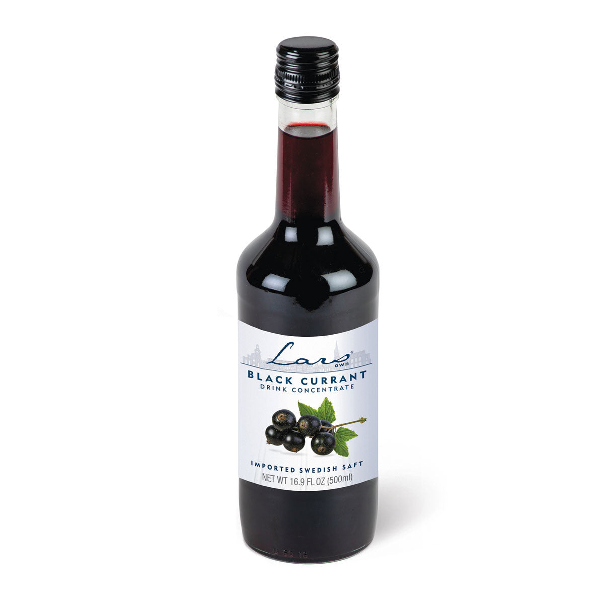 Bottle of Lars Own Black Currant Drink Concentrate (Saft) featuring a label adorned with black currants and a leaf. This Scandinavian drink is an imported Swedish saft, ideal for creating a Nordic cocktail. Available in 16.9 fl oz (500 ml).