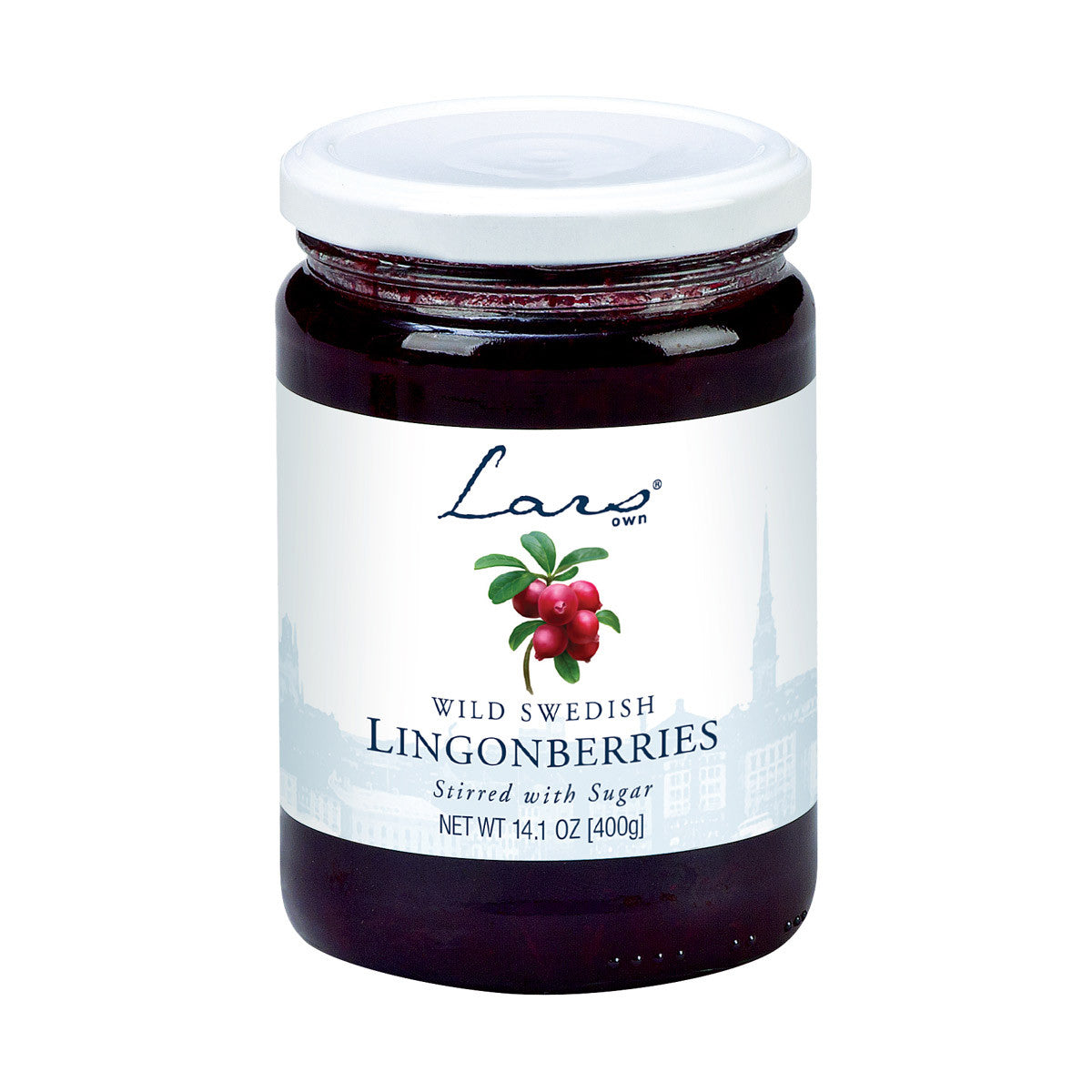 A 14.1 oz jar of Lars Own Wild Swedish Lingonberries—an antioxidant-rich Scandinavian topping, packed in a white-lidded jar with a label showing lingonberries and Swedish cityscape graphics.