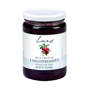 A 14.1 oz jar of Lars Own Wild Swedish Lingonberries—an antioxidant-rich Scandinavian topping, packed in a white-lidded jar with a label showing lingonberries and Swedish cityscape graphics.