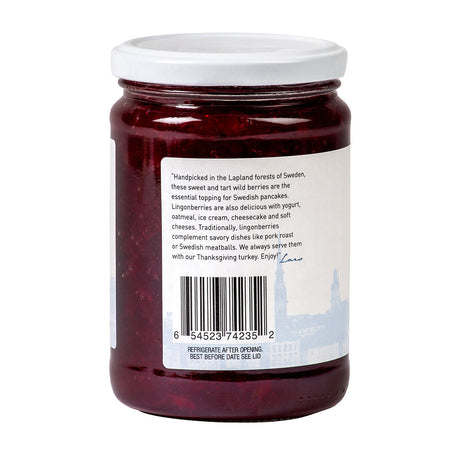 A 14.1 oz jar of Lars Own Wild Swedish Lingonberries, with a label displaying product info and barcode—a classic Scandinavian topping rich in antioxidants.