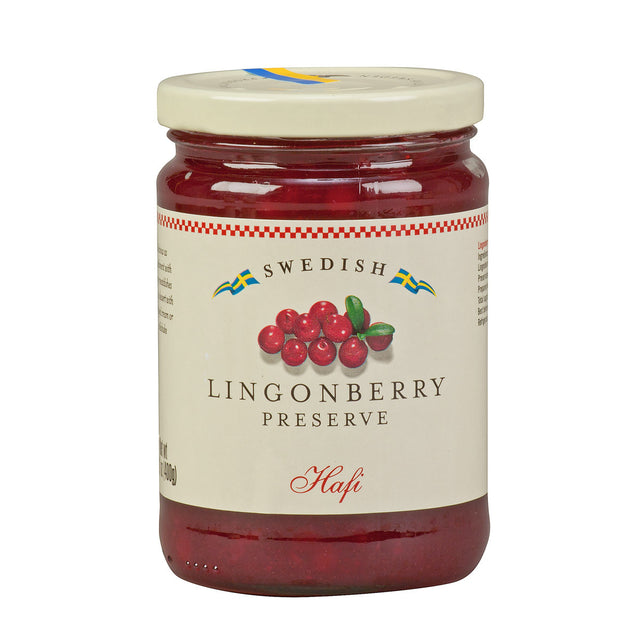 The Hafi Lingonberry Preserves Jar (14.1 oz) features a label with red berries and Hafi in elegant script, perfect for enhancing your favorite dishes with a delightful taste of Sweden.