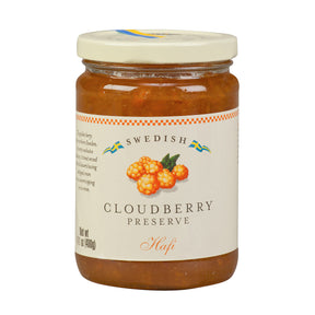 The Hafi Cloudberry Preserves Jar (14.1 oz) features a white label with a cloudberries illustration and an off-white lid displaying a small Swedish flag, emphasizing its Swedish origin.