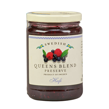 A 4.1 oz glass jar of Hafi Queens Blend Preserve – Raspberries & Blueberries, with a white lid and label featuring Nordic berries.